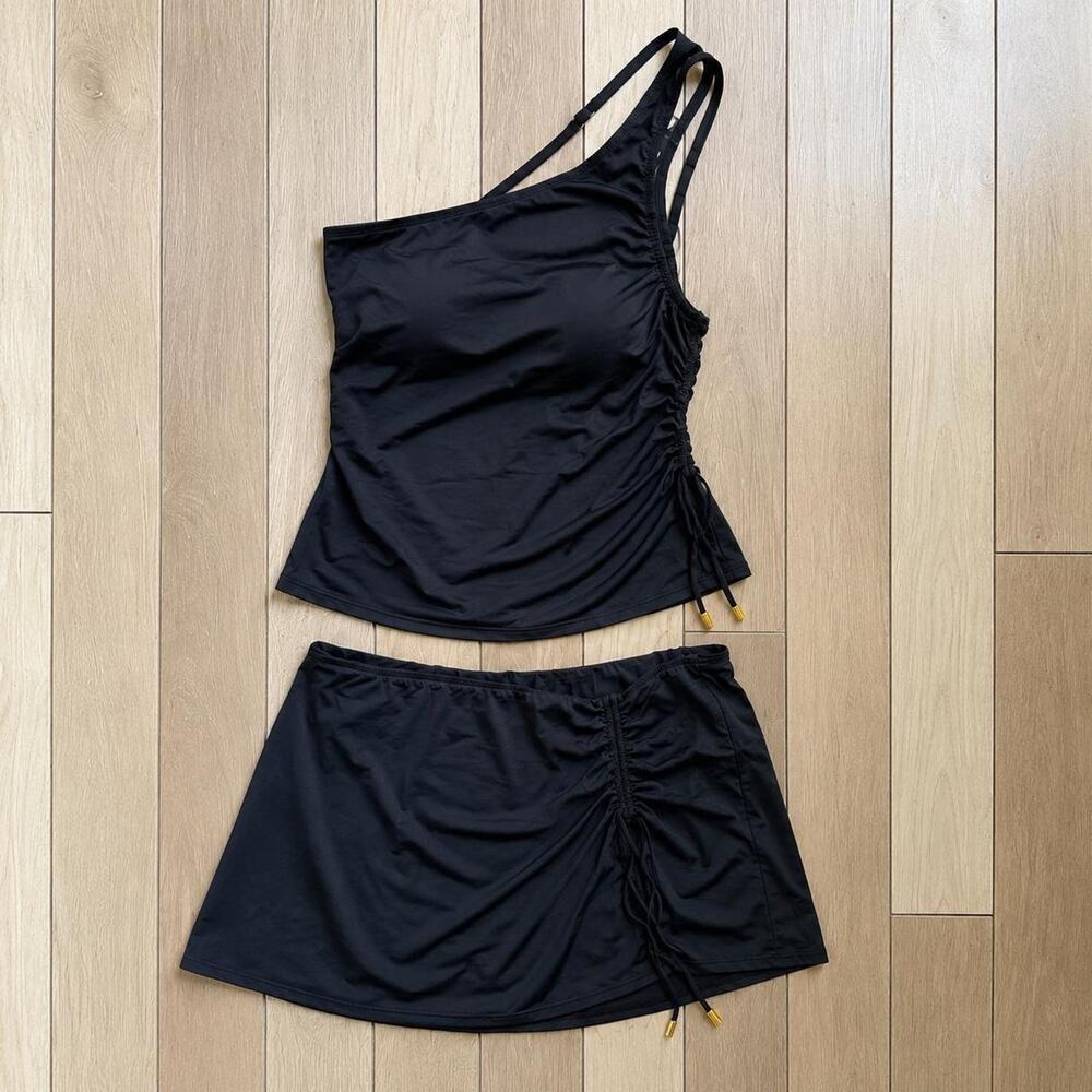 La Blanca Black One Shoulder Tankini Swim Set Skirted Bottom Size 10 NWT